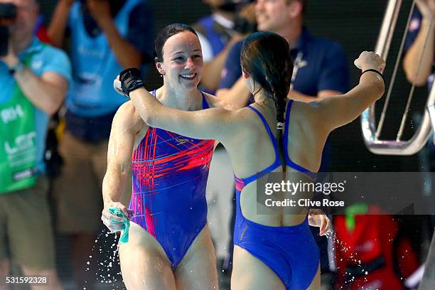 Alicia Blagg and Rebecca Gallantree of Great Britain celebrate second place in the Women's 3m Synchro Final on day seven of the 33rd LEN European...