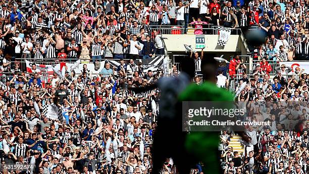 Grimsby fans enjoy the sun and the teams performance during the Vanarama Football Conference League Play Off Final between Forest Green Rovers and...