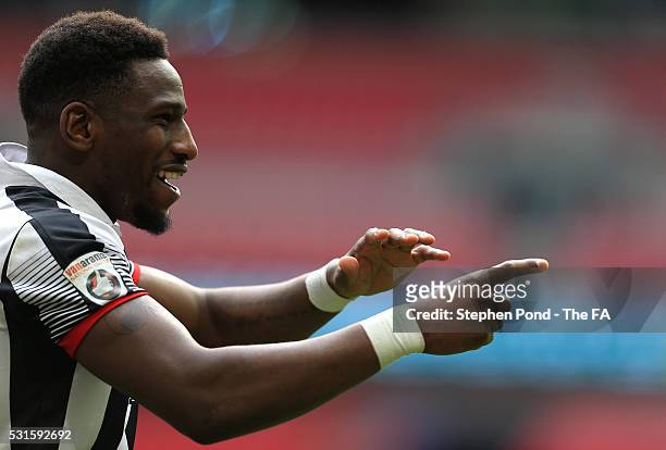 Omar Bogle of Grimsby Town celebrates victory after the Vanarama Football Conference League: Play Off Final match between Forest Green Rovers and...