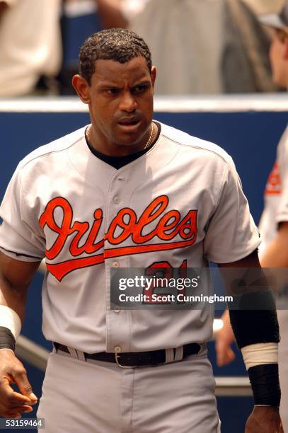 Sammy Sosa of the Baltimore Orioles relaxes in the dugout during a game against the Atlanta Braves at Turner Field on June 25, 2005 in Atlanta,...
