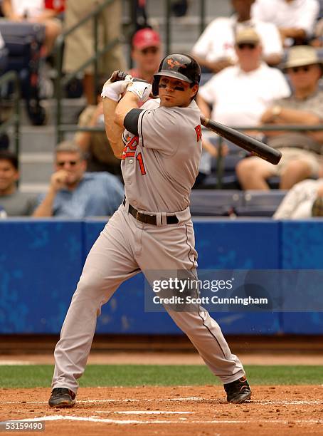 Brian Roberts of the Baltimore Orioles hits against the Atlanta Braves at Turner Field on June 25, 2005 in Atlanta, Georgia. The Braves won the game...