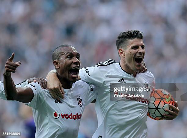 Marcelo of Besiktas celebrates his score with his team mate Mario Gomez during the Turkish Spor Toto Super Lig soccer match between Besiktas JK and...