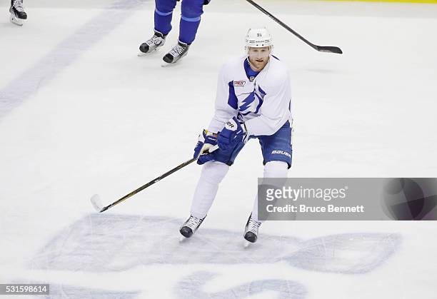 Steven Stamkos of the Tampa Bay Lightning skates during an off-day practice session prior to Game Two of the Eastern Conference Final against the...