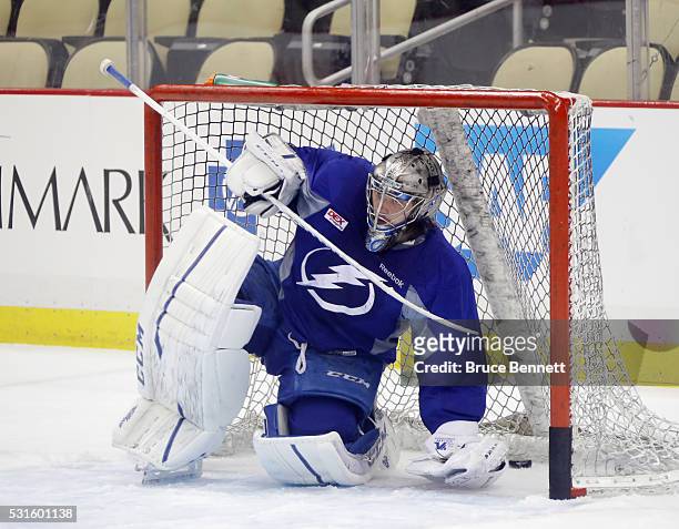 Kristers Gudlevskis of the Tampa Bay Lightning skates during an off-day practice session prior to Game Two of the Eastern Conference Final against...