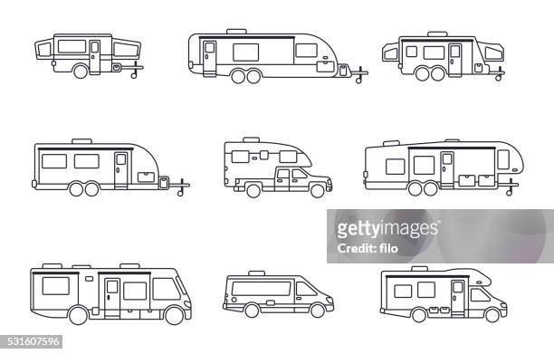 campingfahrzeuge und wohnmobile und wohnwagen - campingwagen stock-grafiken, -clipart, -cartoons und -symbole