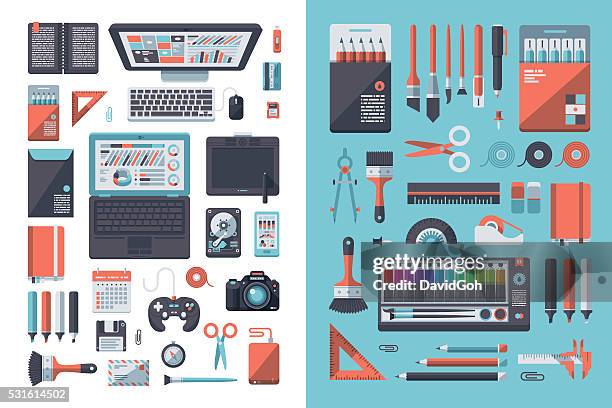 illustrazioni stock, clip art, cartoni animati e icone di tendenza di dell'architetto scrivania progettazione piatto set - strumento per scrivere