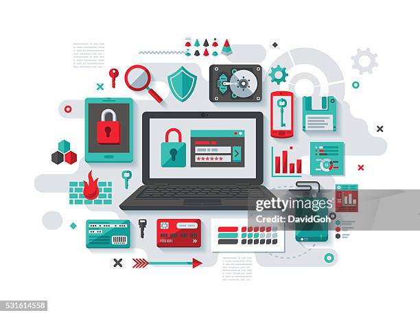 ilustraciones, imágenes clip art, dibujos animados e iconos de stock de el concepto de diseño planos de seguridad - computer part