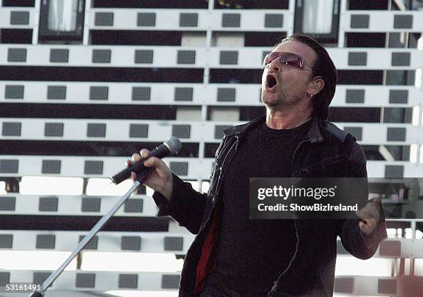 Bono of U2 perfoms during their hometown concert at Croke Park Stadium on June 27, 2005 in Dublin, Ireland. The "Vertigo//2005" World tour's opening...
