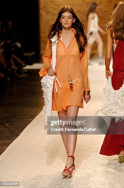 Model walks down the runway at the Patachou Por Tereza Santos Summer 2006 fashion presentation during Sao Paulo Fashion Week June 28, 2005 in Sao...