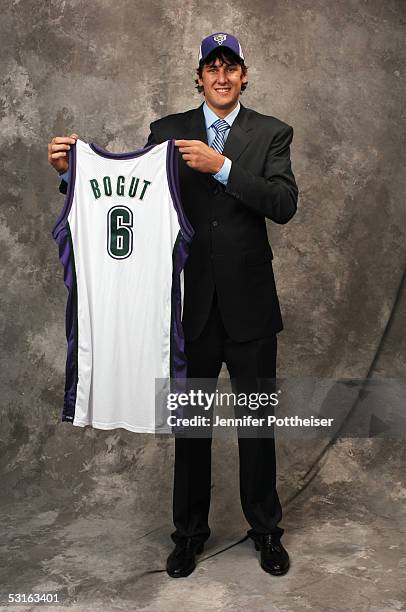 Andrew Bogut poses for a portrait after being selected by the Milwaukee Bucks during the 2005 NBA Draft on June 28, 2005 at the Theater at Madison...