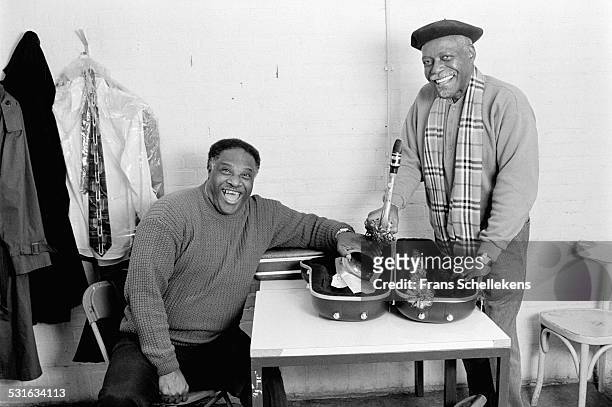 Tenor saxophone players Houston Person and David 'Fathead' Newman pose at dressing room on January 29th 1998 at the BIM huis in Amsterdam,...
