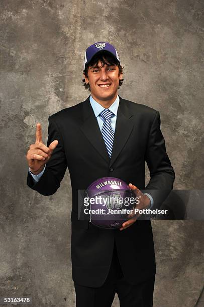 Andrew Bogut selected by Milwaukee Bucks poses for a portrait during the 2005 NBA Draft on June 28, 2005 at the Theater at Madison Square Garden in...