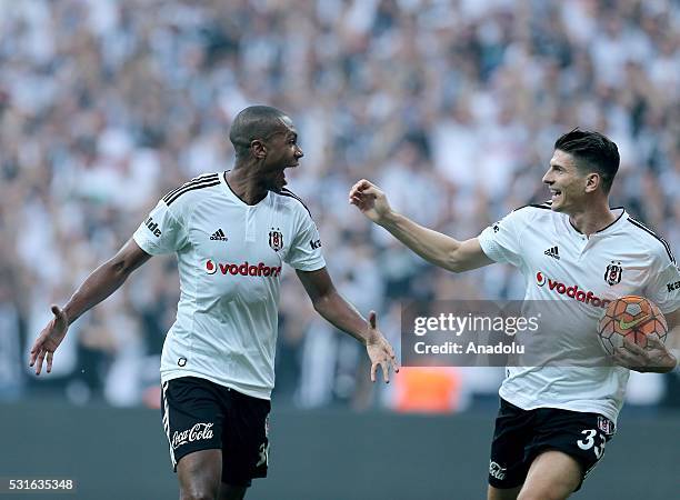 Marcelo of Besiktas celebrates his score with his team mate Mario Gomez during the Turkish Spor Toto Super Lig soccer match between Besiktas JK and...
