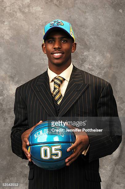 Chris Paul selected by the New Orleans Hornets poses for a portrait during the 2005 NBA Draft on June 28, 2005 at the Theater at Madison Square...