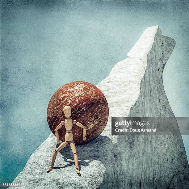 artists mannequin pushing a heavy ball uphill - hartnäckigkeit stock-grafiken, -clipart, -cartoons und -symbole