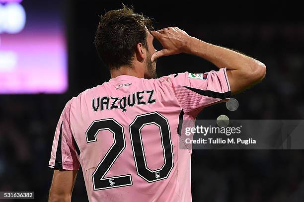 Franco Vazquez of Palermo celebrates after scoring the opening goal during the Serie A match between US Citta di Palermo and Hellas Verona FC at...