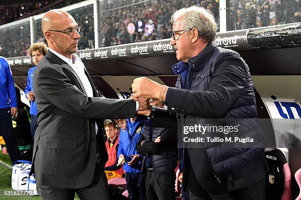 Head coach Davide Ballardini of Palermo greets head coach Luigi Delneri of Verona during the Serie A match between US Citta di Palermo and Hellas...