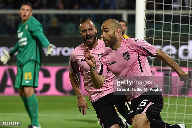 Enzo Maresca celebrates with team mate Alberto Gilardino after scoring his team's second goal during the Serie A match between US Citta di Palermo...