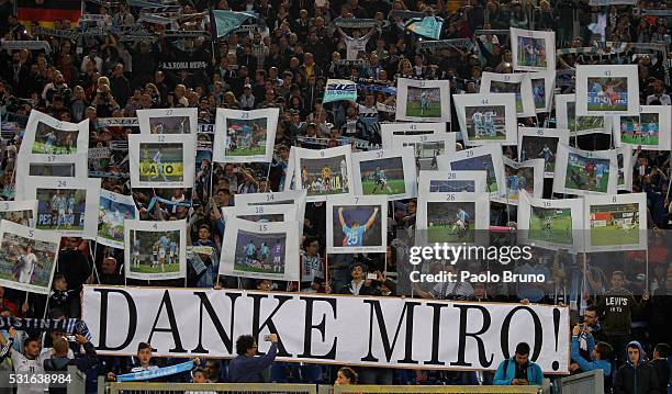 Lazio fans show the banners to celebrate the Miroslav Klose farewell before the Serie A match between SS Lazio and ACF Fiorentina at Stadio Olimpico...