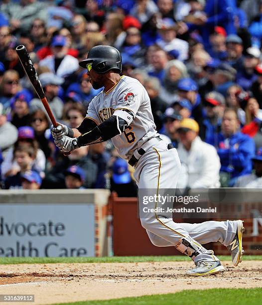 Starling Marte of the Pittsburgh Pirates breaks up a no hit bid by Jon Lester of the Chicago Cubs with a single in the 7th inning at Wrigley Field on...