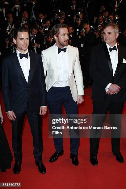 Matt Bomer, Ryan Gosling, Shane Black attend The Nice Guys" premier The 69th Annual Cannes Film Festival on May 15, 2016 in Cannes, .