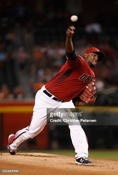 Starting pitcher Rubby De La Rosa of the Arizona Diamondbacks pitches against the San Francisco Giants during the first inning of the MLB game at...