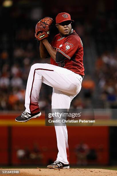Starting pitcher Rubby De La Rosa of the Arizona Diamondbacks pitches against the San Francisco Giants during the first inning of the MLB game at...