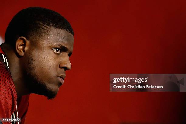 Starting pitcher Rubby De La Rosa of the Arizona Diamondbacks watches from the dugout during the first inning of the MLB game against the San...