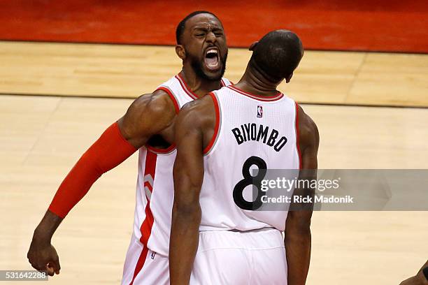 Toronto Raptors forward Patrick Patterson celebrates a big slam. Toronto Raptors vs Miami Heat in 1st half action. Game 7 of Round 2 of NBA playoffs...