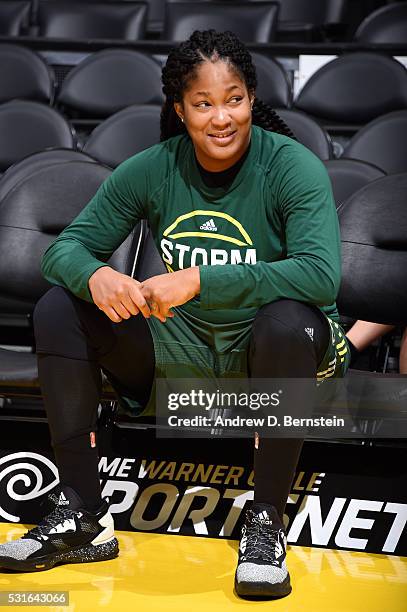 Markeisha Gatling of the Seattle Storm looks on before the game against the Los Angeles Sparks on May 15, 2016 at Staples Center in Los Angeles,...