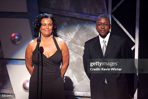 Future President of BET Debra Lee and President and founder of BET Bob Johnson speak onstage at the BET Awards 05 at the Kodak Theatre on June 28,...