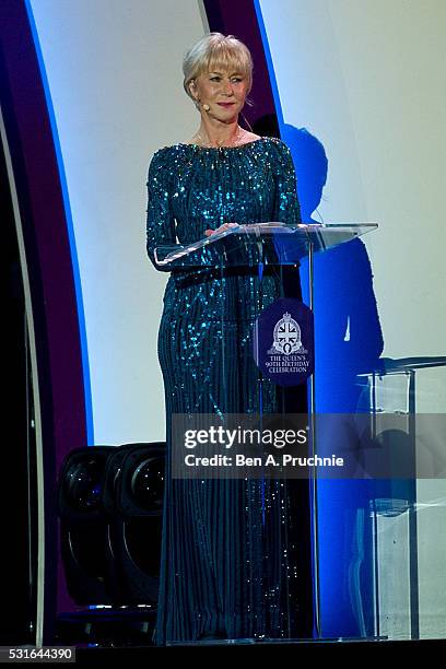 Dame Helen Mirren performs during Queen Elizabeth II's 90th Birthday Celebrations at Home Park, Windsor on May 15, 2016 in Windsor, England.The show...