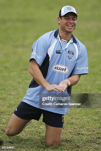 Timana Tahu has a laugh during an NRL New South Wales Blues team training session at the Randwick Barracks June 29, 2005 in Sydney, Australia.