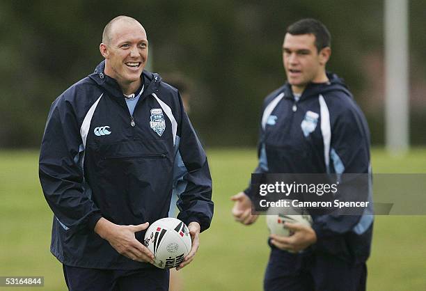 Craig Fitzgibbon enjoys himself during an NRL New South Wales Blues team training session at the Randwick Barracks June 29, 2005 in Sydney, Australia.