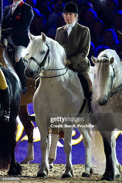 Anne, Princess Royal rides a horse during Queen Elizabeth II's 90th Birthday Celebrations at Home Park, Windsor on May 15, 2016 in Windsor,...