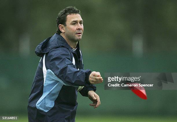 Blues Coach Ricky Stuart sets up a drill during an NRL New South Wales Blues team training session at the Randwick Barracks June 29, 2005 in Sydney,...