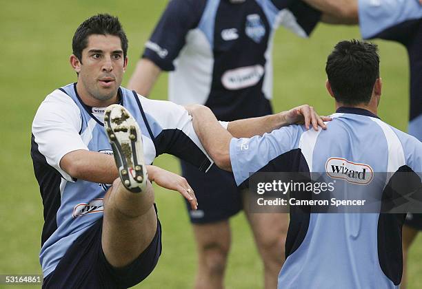 Braith Anasta stretches during an NRL New South Wales Blues team training session at the Randwick Barracks June 29, 2005 in Sydney, Australia.