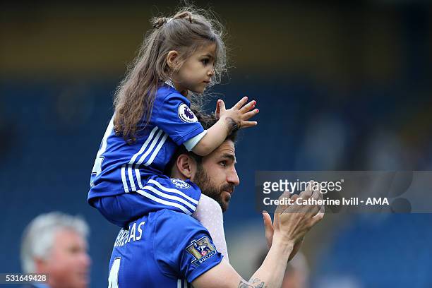 Cesc Fabregas of Chelsea and his daughter Lia after the Barclays Premier League match between Chelsea and Leicester City at Stamford Bridge on May...