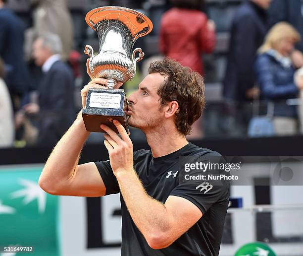 Andy Murray holds his winning trophy after ATP Final match between Djokovic vs Murray at the Internazionali BNL d'Italia 2016 at the Foro Italico on...