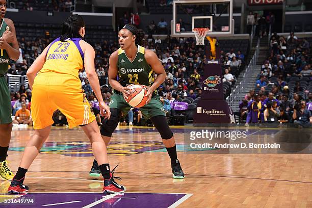 Monica Wright of the Seattle Storm handles the ball during the game against the Los Angeles Sparks on May 15, 2016 at Staples Center in Los Angeles,...