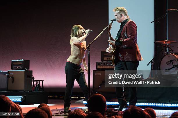 Iggy Pop and Josh Homme from Post Pop Depression perform at Le Grand Rex on May 15, 2016 in Paris, France.