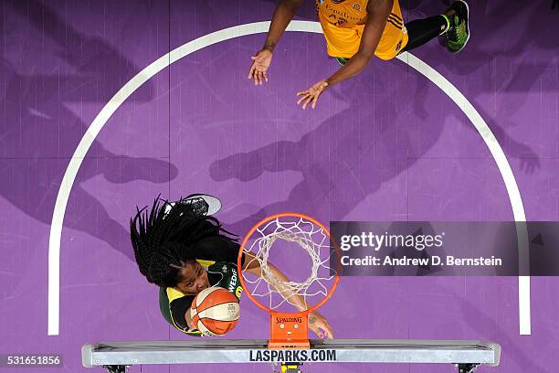 Markeisha Gatling of the Seattle Storm shoots a layup during the game against the Los Angeles Sparks on May 15, 2016 at Staples Center in Los...
