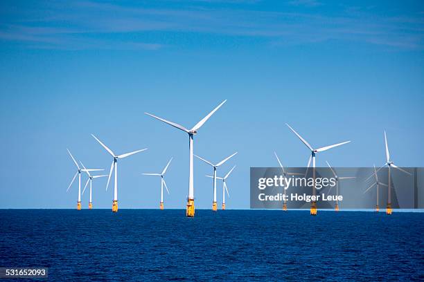 london array offshore wind park in north sea - wind power photos et images de collection