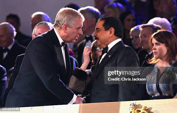 Prince Andrew, Duke of York chats to The King of Bahrain Hamad bin Isa Al Khalifa on the final night of Queen Elizabeth II's 90th Birthday...