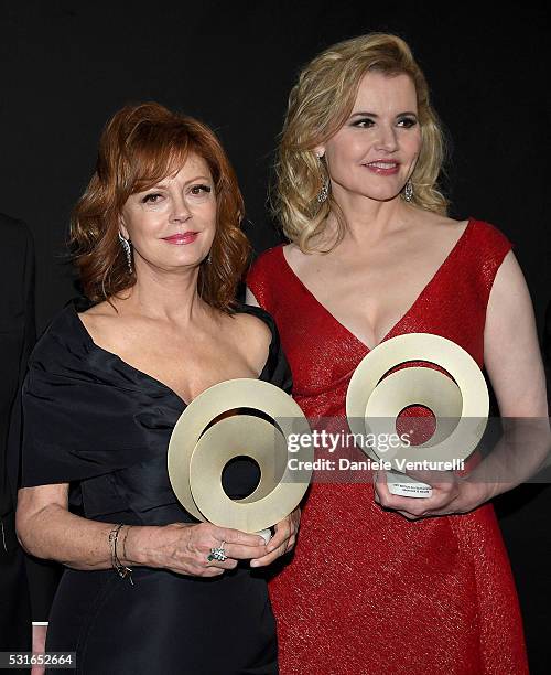 Susan Sarandon and Geena Davis with their 'Women in Motion' Awards during the Kering And Cannes Film Festival Official Dinner at Place de la Castre...