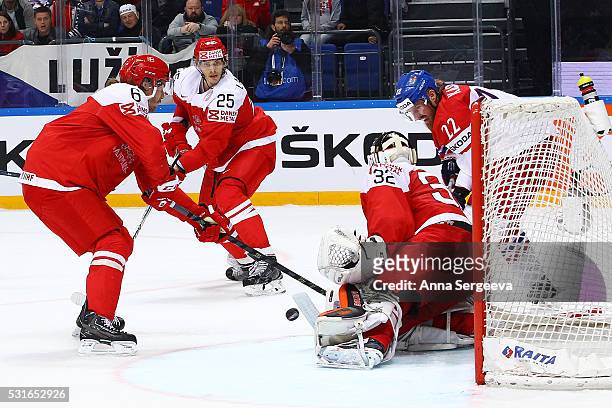 Sebastian Dahm of Denmark makes save against Lukas Kaspar of Czech Republic at Ice Palace on May 15, 2016 in Moscow, Russia. Denmark defeated Czech...
