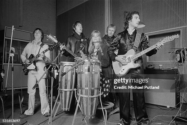 British rock group Wings at Abbey Road Studios to record the album, 'Venus And Mars', London, 15th November 1974. Left to right: guitarist Jimmy...