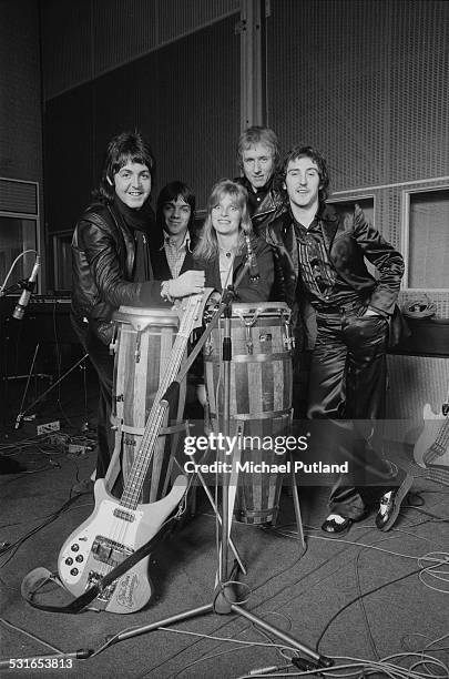 British rock group Wings at Abbey Road Studios to record the album, 'Venus And Mars', London, 15th November 1974. Left to right: singer and bassist...