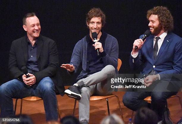 Executive producer Alec Berg, actors Thomas Middleditch and T.J. Miller speak onstage during the "Silicon Valley" FYC Panel at Linwood Dunn Theater...