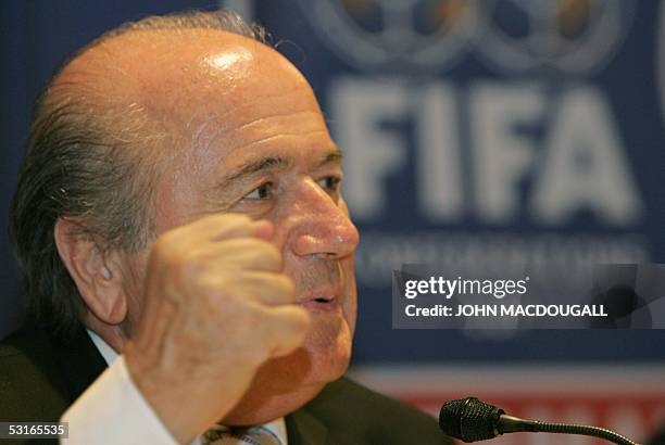 President Sepp Blatter addresses a press conference prior to the final of the 2005 FIFA Confederations Cup Brazil vs Argentina in Frankfurt 29 June...